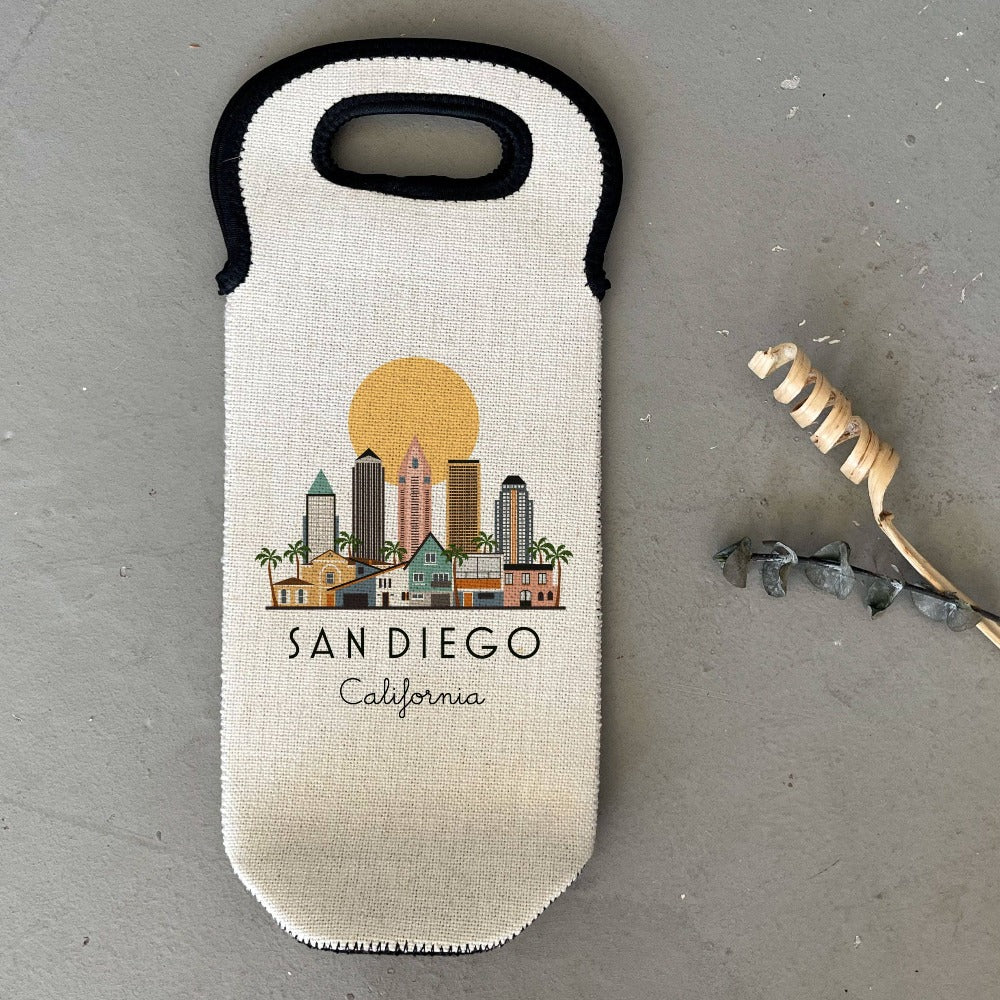 San Diego California Skyline Neoprene Wine Carrier Tote