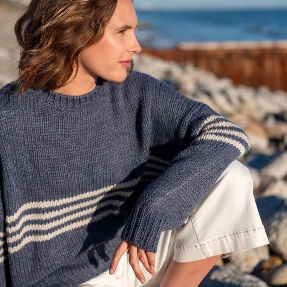 Seacoast Stripe Crewneck Sweater in Blue Harbor Stripe by Mersea