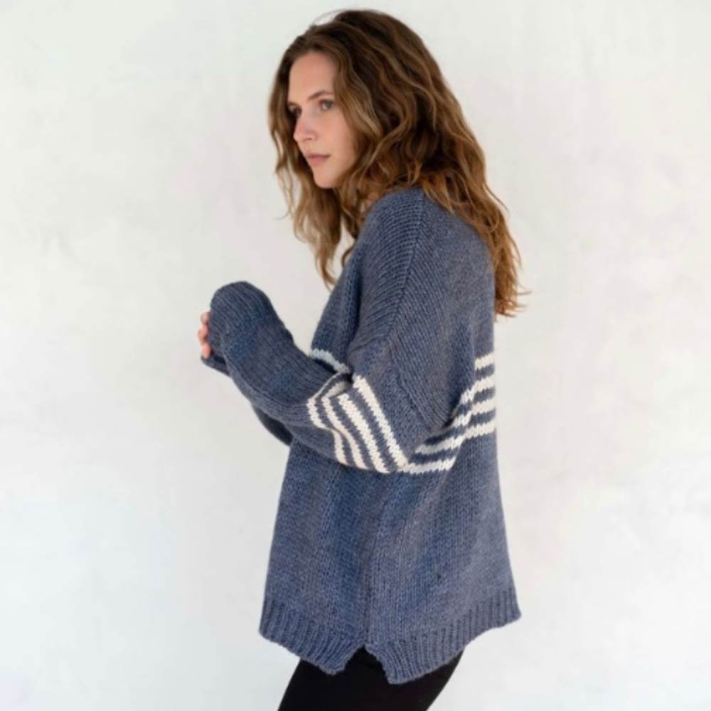 Seacoast Stripe Crewneck Sweater in Blue Harbor Stripe by Mersea