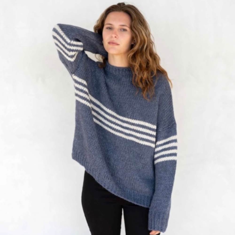 Seacoast Stripe Crewneck Sweater in Blue Harbor Stripe by Mersea