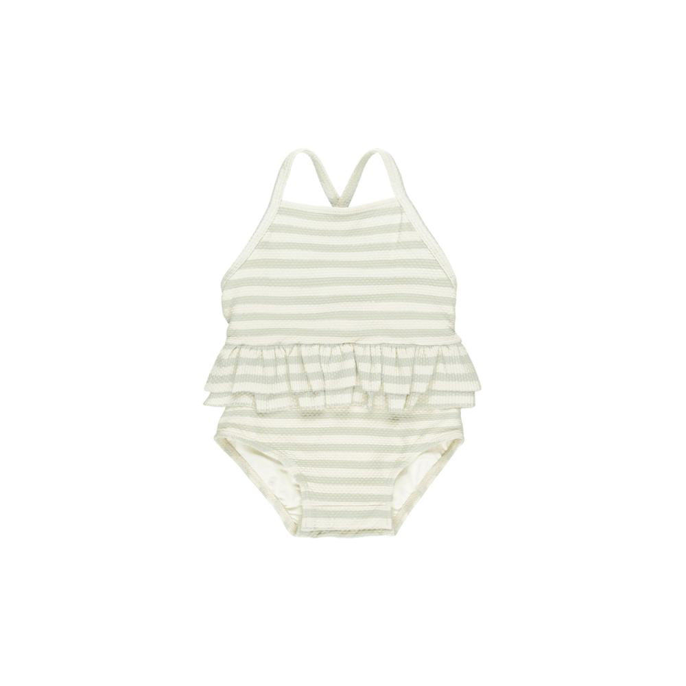 Mint Stripe Ruffled One-Piece Swimsuit by Quincy Mae