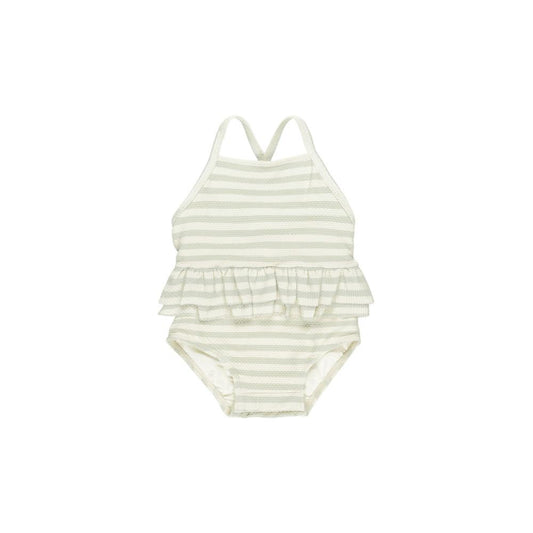 Mint Stripe Ruffled One-Piece Swimsuit by Quincy Mae