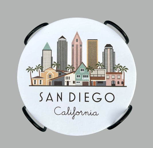 San Diego Skyline Graphic Paper Pulp Board Coasters | Set of 15 With Black Metal Stand